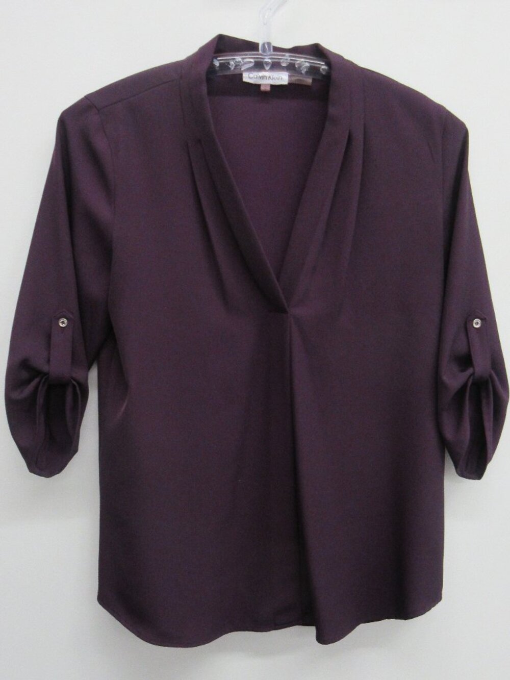 CALVIN KLEIN MODERN ESSENTIALS BLOUSE WOMENS S PURPLE ROLL TAB SLEEVES
